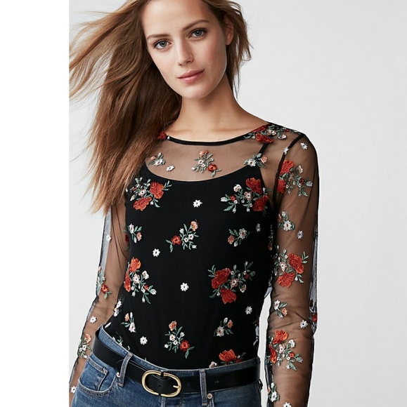 floral embroidered sheer mesh top
